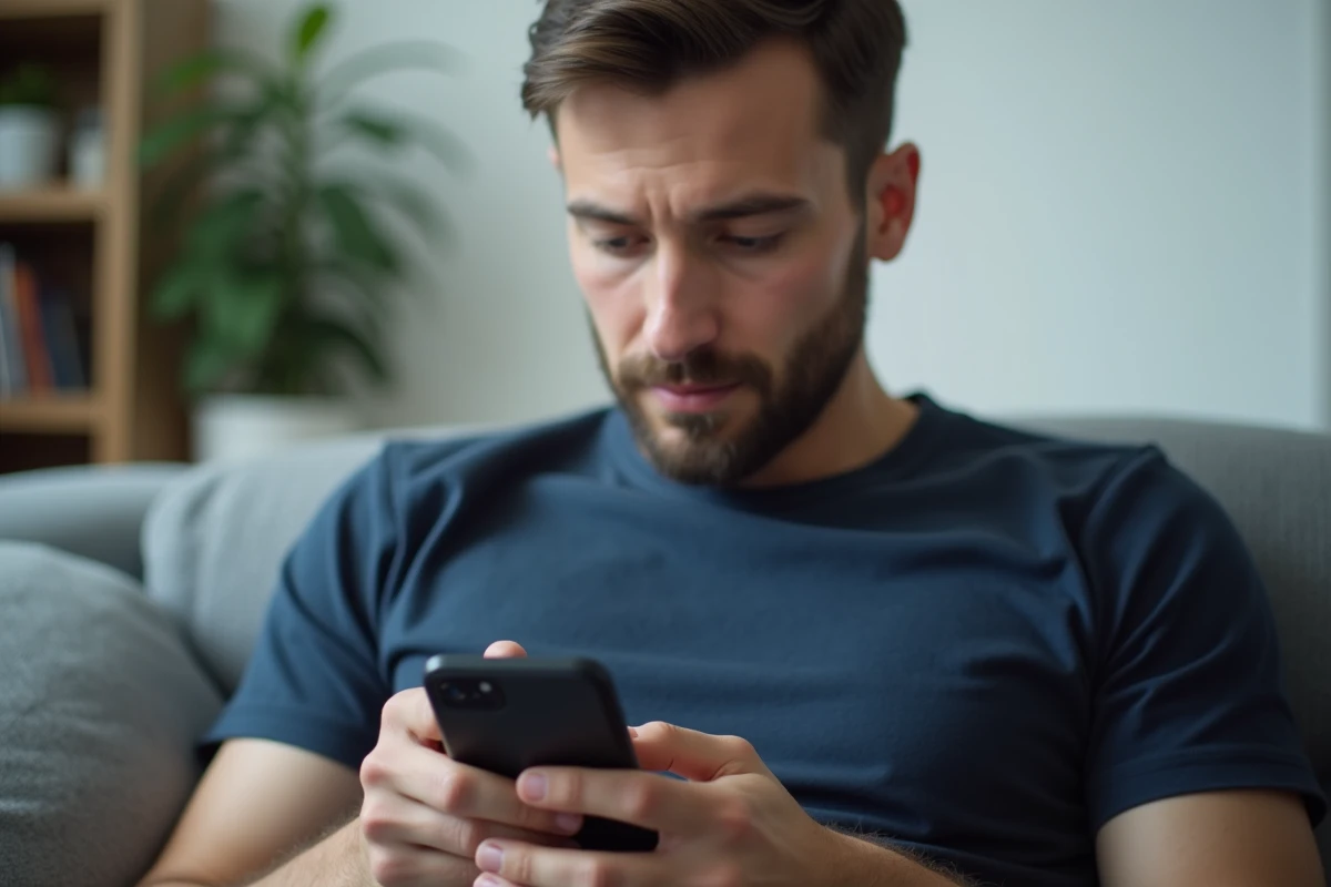 Homme gérant ses contacts importés sur Messenger depuis un canapé de salon