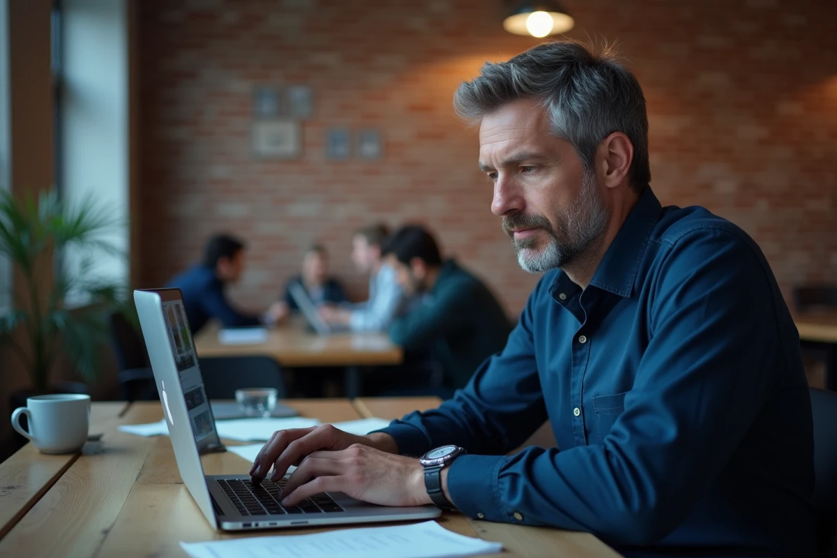 Homme gérant les fichiers cache de son MacBook Air dans un espace de coworking moderne