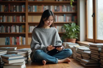 Jeune femme gérant une grande collection de mangas avec une application sur tablette, entourée de piles de volumes organisés dans un salon bibliothèque