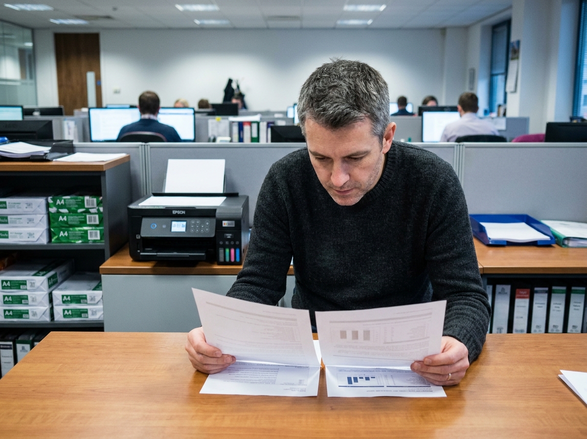 Homme en bureau comparant des impressions Epson avec une imprimante ouverte en arrière-plan