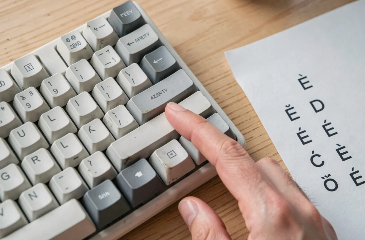 Gros plan sur un clavier AZERTY mécanique avec une fiche mémo des accents majuscules dont le È posée à côté sur un bureau en bois clair