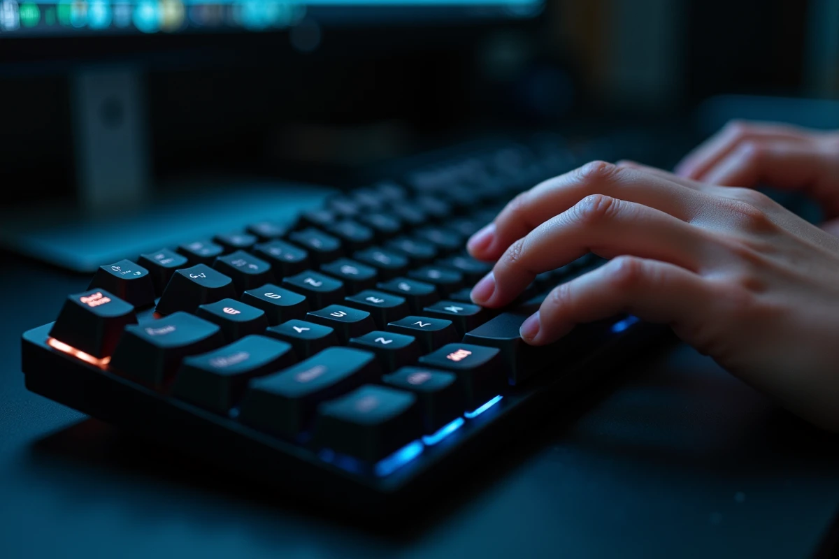 Gros plan sur un clavier mécanique avec touches accentuées et touche Maj mise en évidence pour la disposition française