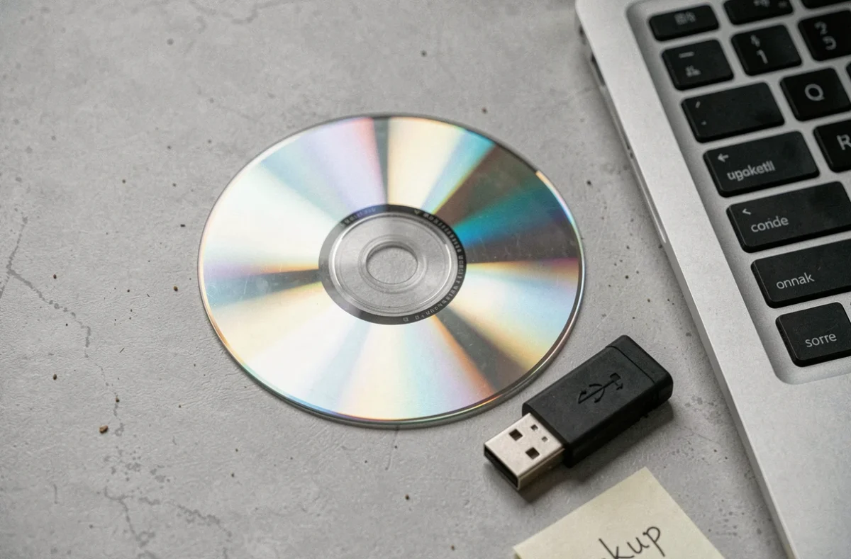 Gros plan d'un DVD Windows 7 posé à côté d'une clé USB et d'un clavier d'ordinateur portable sur un bureau minimaliste