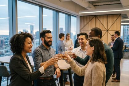 Groupe de professionnels IT en célébration dans un bureau moderne