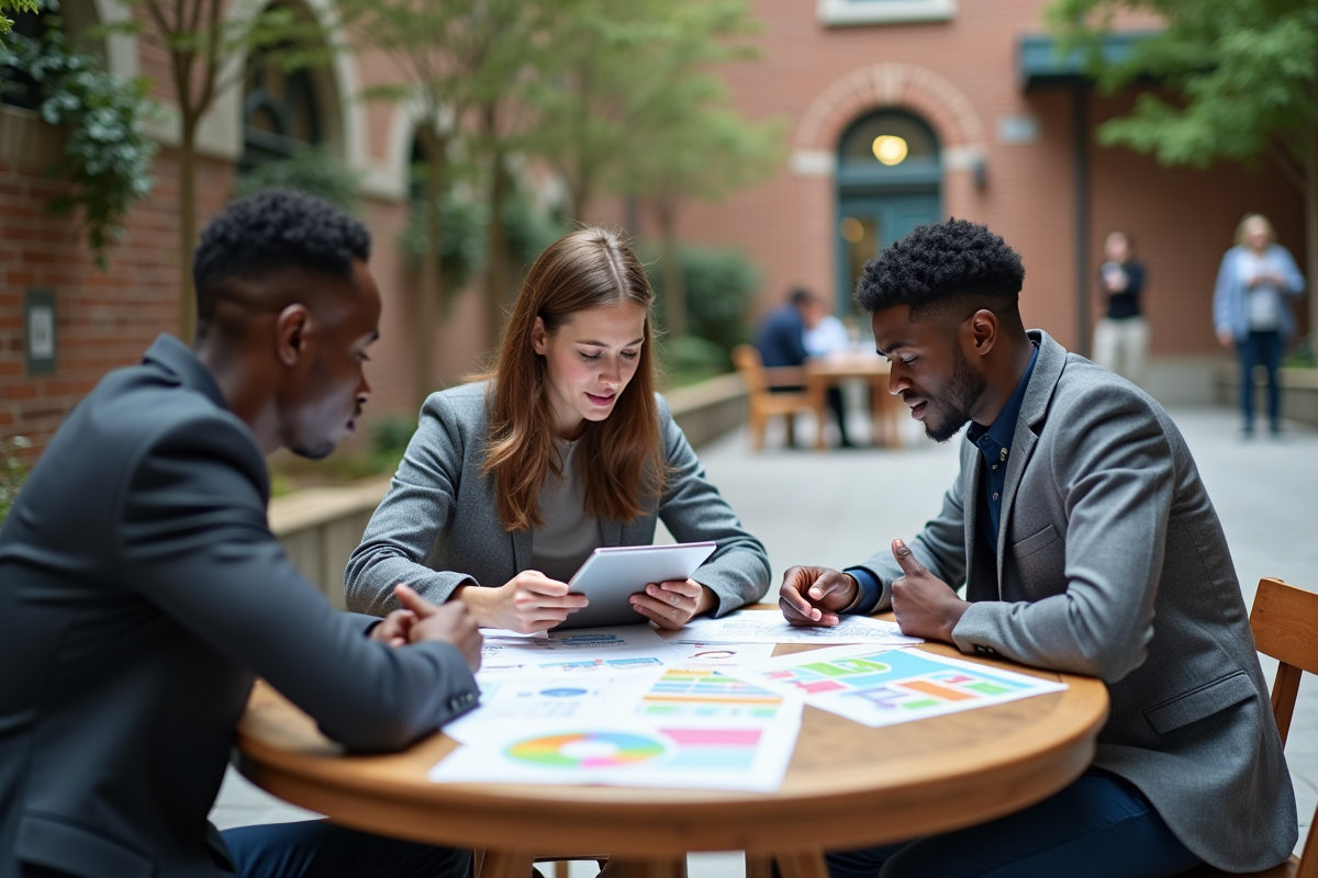 Groupe de jeunes professionnels en extérieur discutant