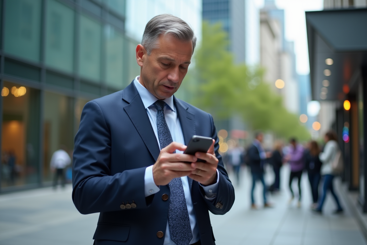 Homme d affaires en costume regardant un site web sur son smartphone