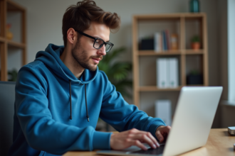 Jeune homme au bureau regardant un message 404 sur son ordinateur