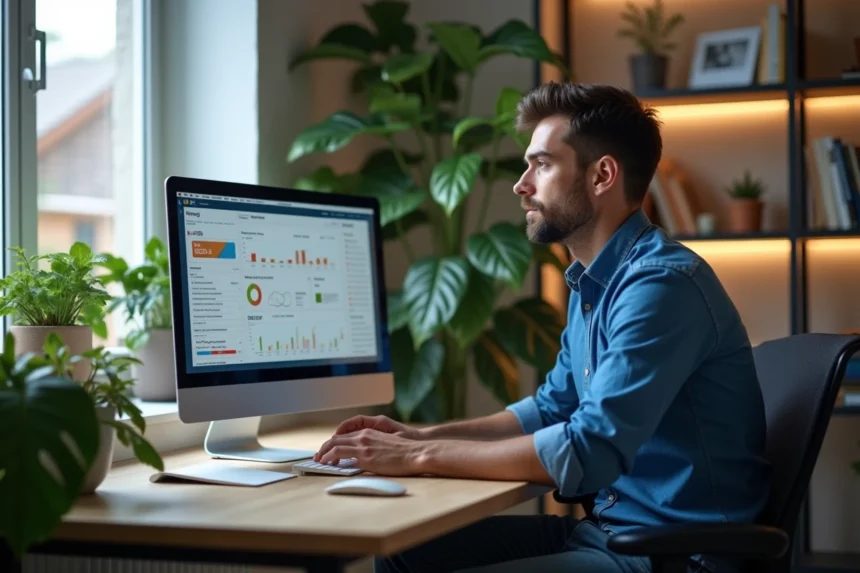 Homme en bleu analysant un tableau de bord sur son ordinateur