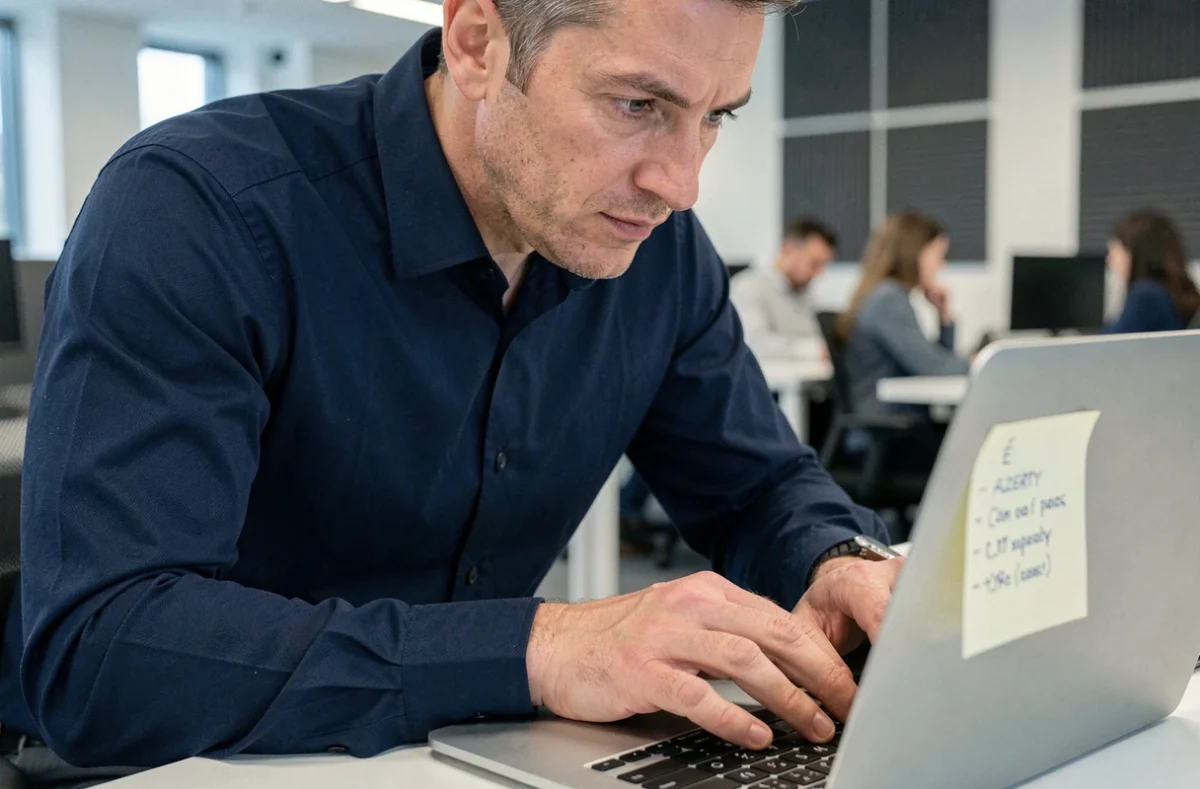 Homme en bureau tapant un È majuscule sur un clavier AZERTY avec un aide-mémoire de raccourcis clavier collé sur son ordinateur portable