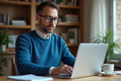 Homme concentré travaillant sur son ordinateur portable à domicile