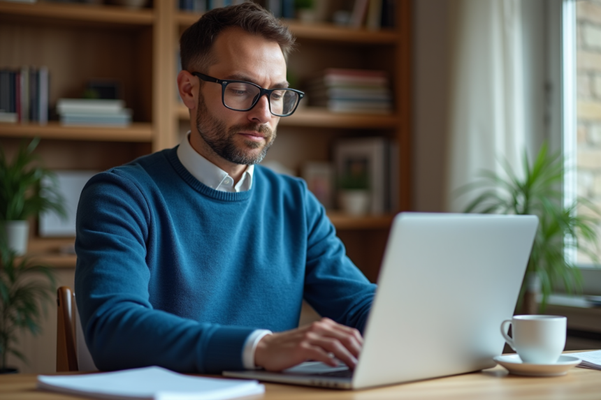 Homme concentré travaillant sur son ordinateur portable à domicile