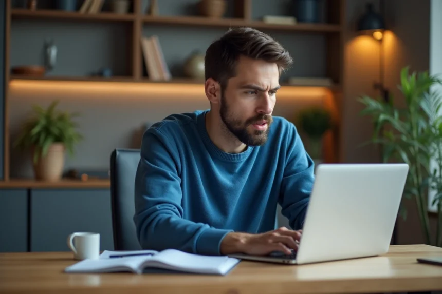 Homme concentré travaillant sur son ordinateur dans un bureau moderne