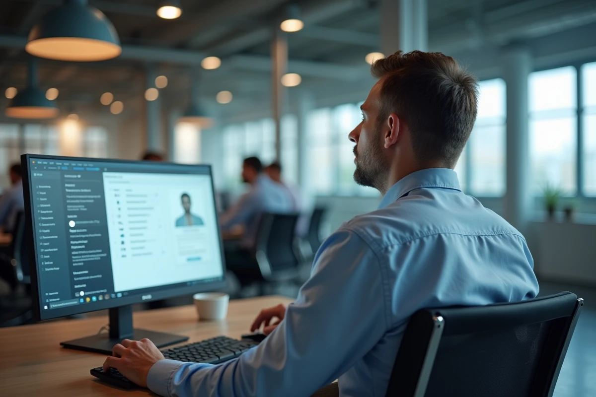 Homme d affaires regardant son écran dans un bureau moderne