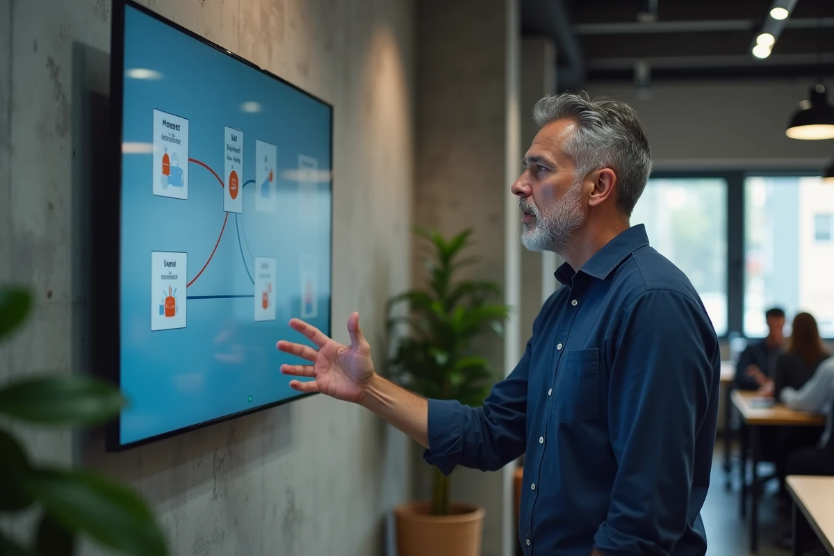 Homme en bureau présentant un schéma explicatif sur la différence entre internet et le web sur un écran mural