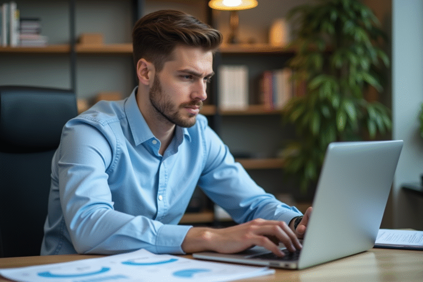 Jeune homme concentré au bureau avec ordinateur et diagrammes SEO