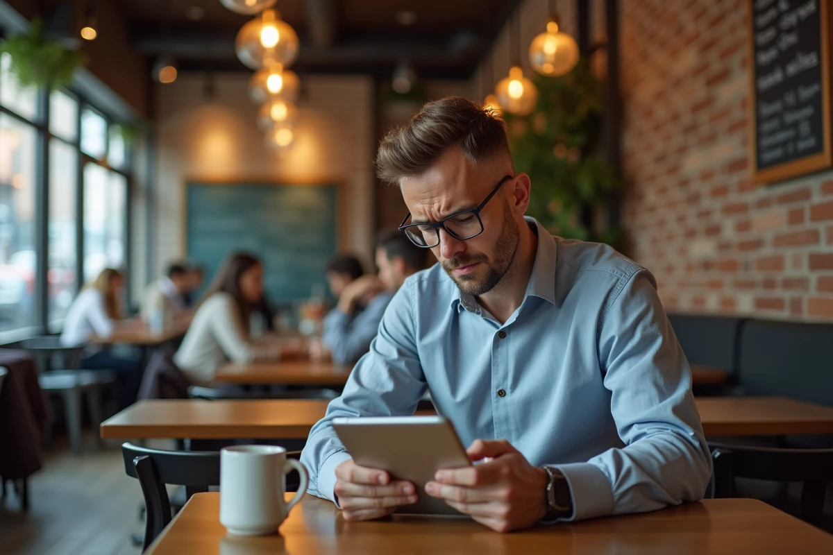 Homme perplexe avec tablette dans un café urbain chaleureux