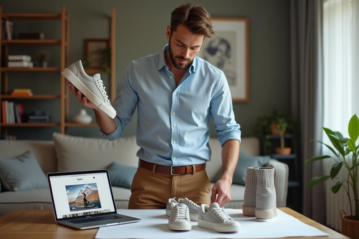 Homme tenant des sneakers rétro dans un salon accueillant
