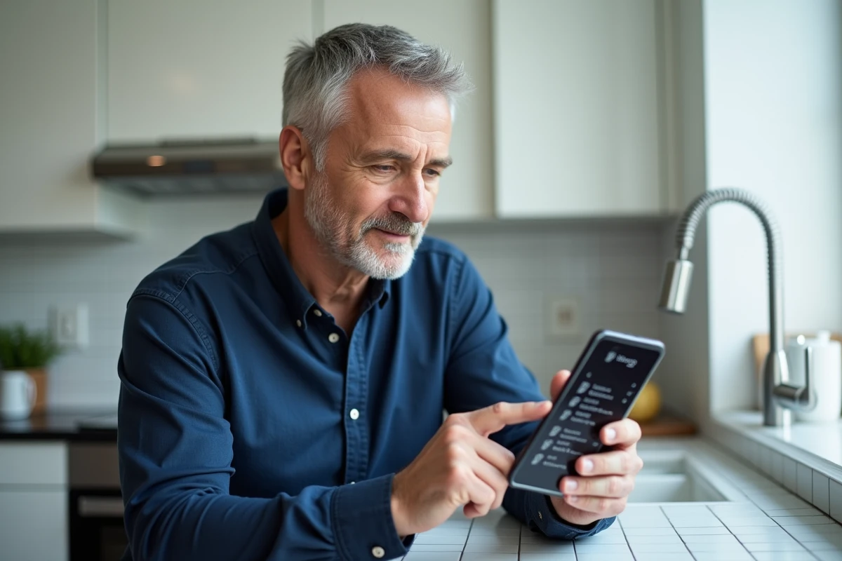 Homme consultant le presse-papier du clavier Samsung sur son téléphone dans une cuisine moderne