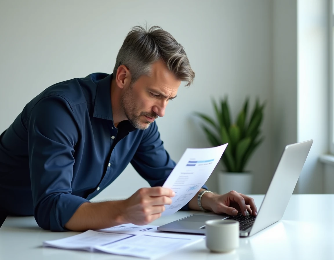 Homme comparant des documents imprimés et un logiciel de conversion de fichiers sur ordinateur portable à son bureau