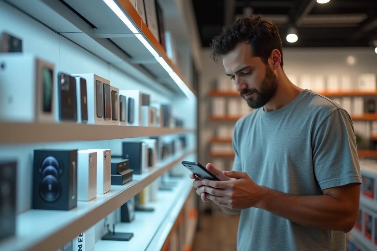 Homme comparant le prix de l'iPhone 15 dans un magasin d'électronique, entouré de rayons de smartphones