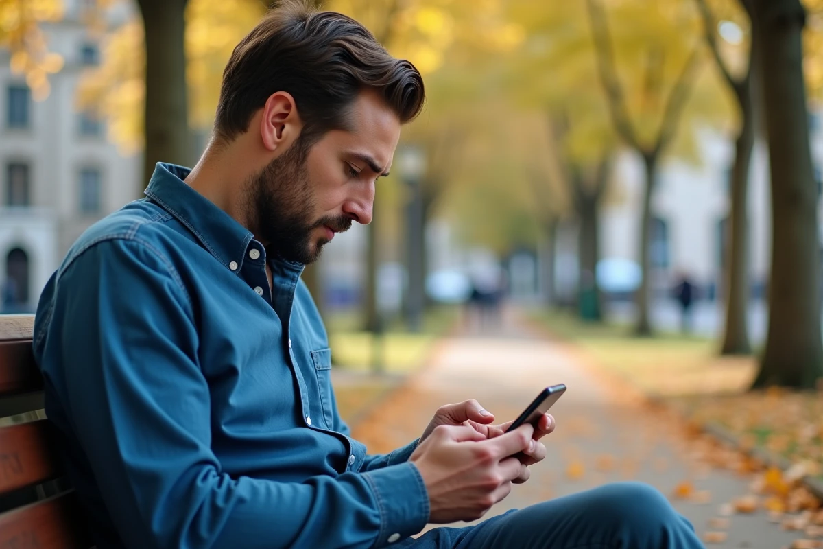 Homme configurant ses paramètres sur iPhone dans un parc