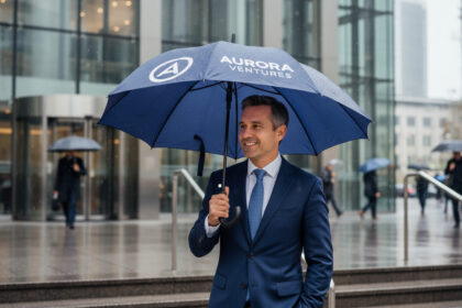 Homme en costume avec parapluie dans la ville pluvieuse