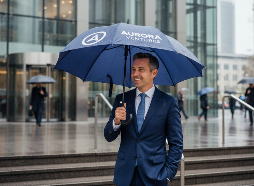Homme en costume avec parapluie dans la ville pluvieuse