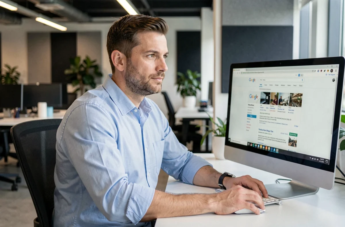 Homme en espace de coworking consultant Google USA sur un ordinateur de bureau sans VPN