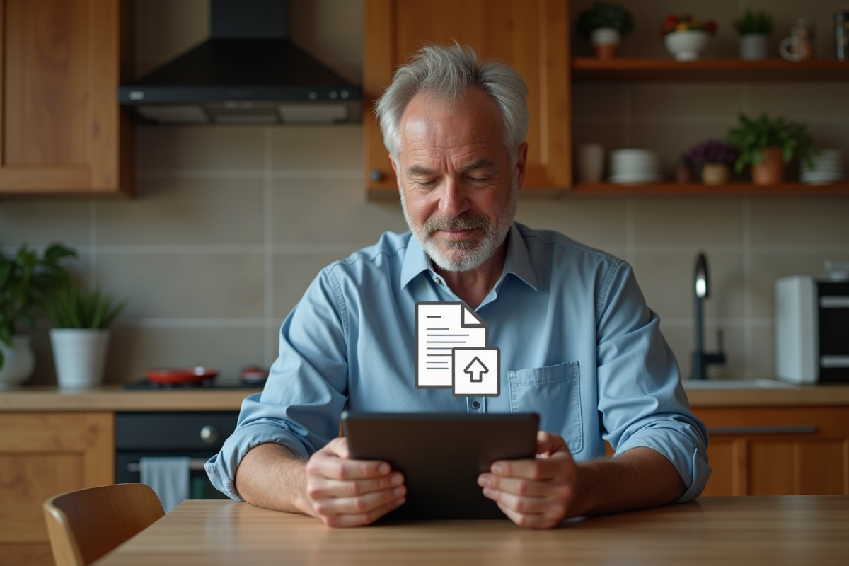Homme à la maison utilisant une tablette dans la cuisine