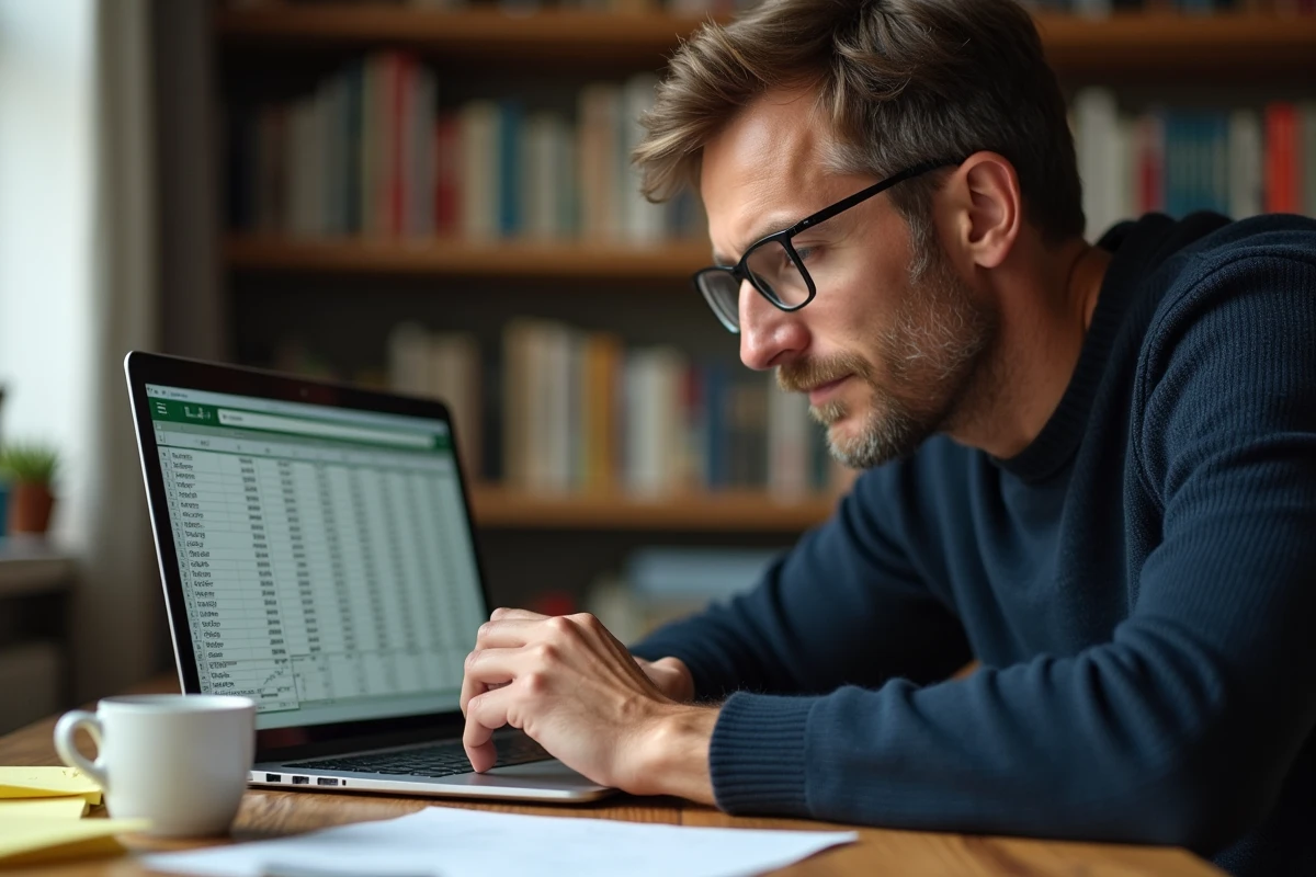 Homme avec lunettes concentré sur des calculs de soustraction d'heures dans Excel sur un ordinateur portable dans un bureau à domicile