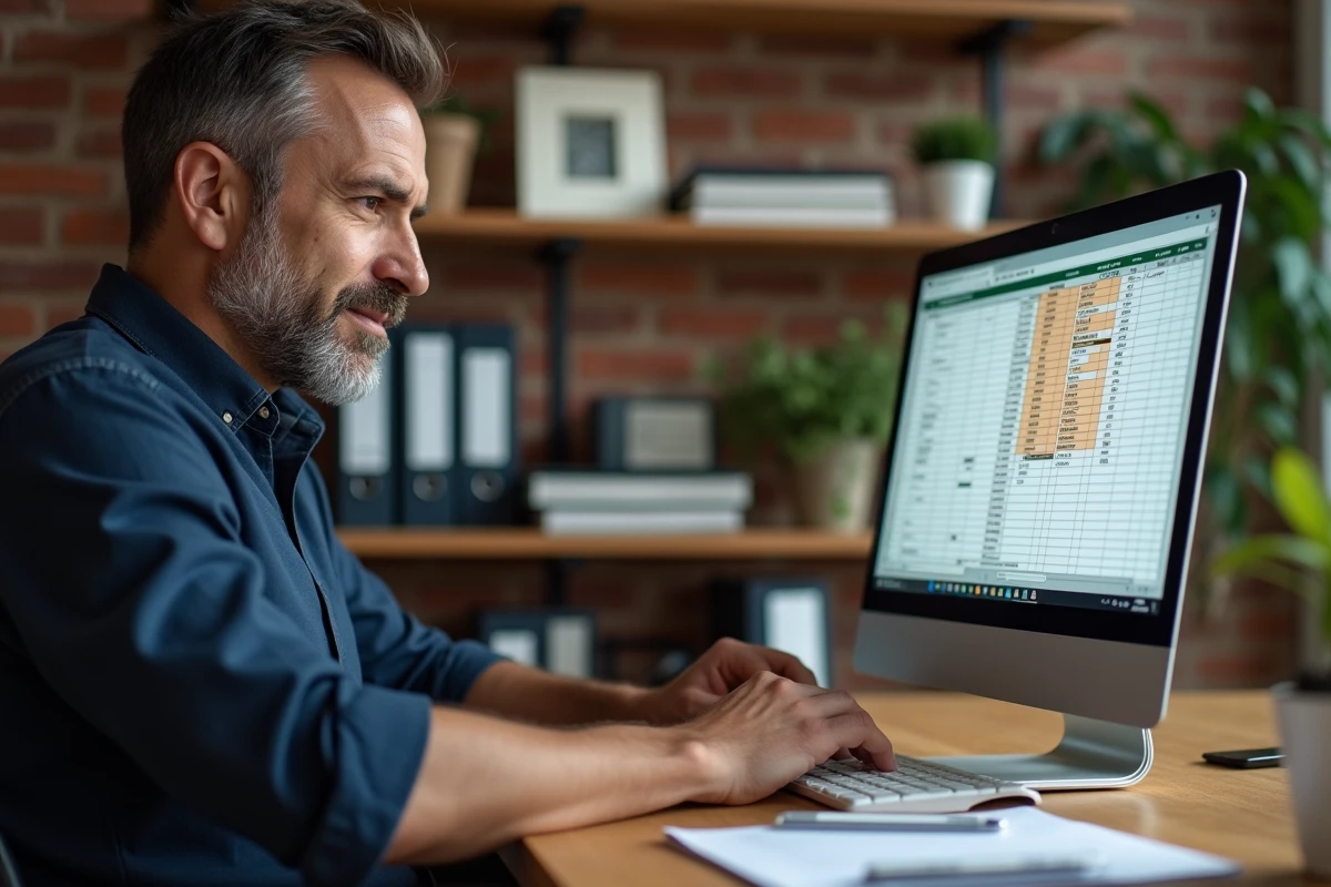 Homme travaillant sur un fichier Excel avec des doublons surlignés en couleur sur son ordinateur portable