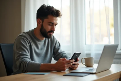 Homme tenant un smartphone Huawei P10 Lite et l'examinant attentivement dans un bureau à domicile moderne