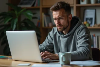Homme frustré devant un écran d'ordinateur affichant une erreur de connexion Sharecloudy