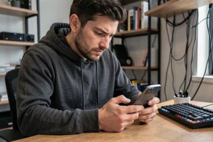 Homme jouant à un jeu mobile sur iPhone 12 dans un appartement moderne, concentré sur l'écran
