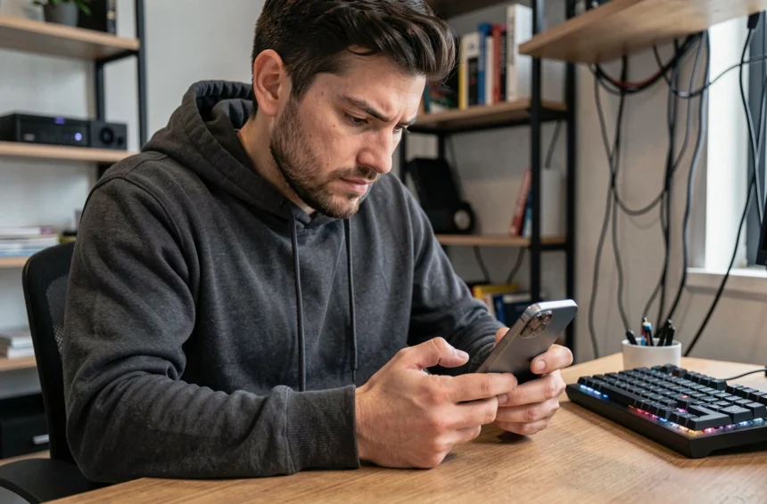 Homme jouant à un jeu mobile sur iPhone 12 dans un appartement moderne, concentré sur l'écran