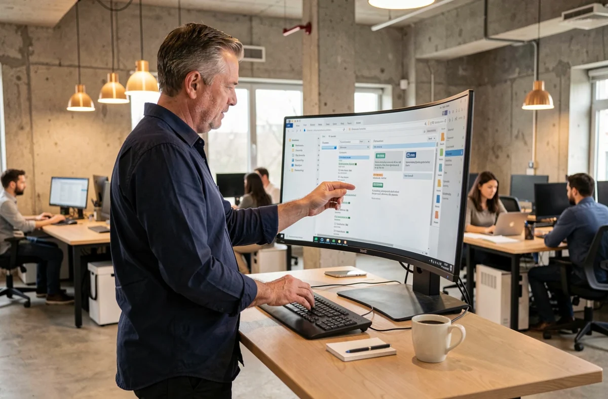 Homme debout à son bureau en open space consultant sa messagerie professionnelle sur grand écran