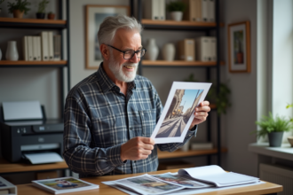 Homme moyenâgeux examinant une photo imprimée dans un bureau