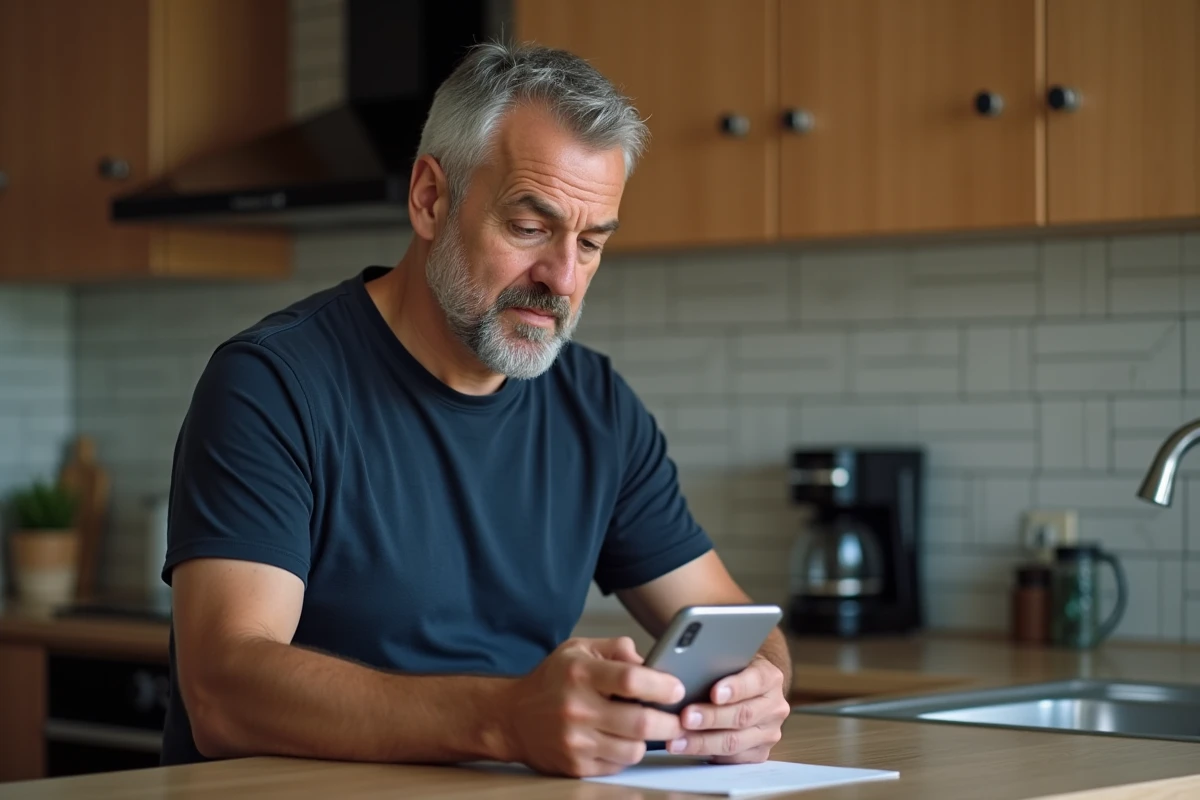 Homme consultant son smartphone pour créer une adresse email jetable lors d'une inscription en ligne dans sa cuisine