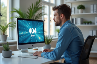 Jeune homme au bureau face à un écran 404 erreur