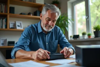 Homme d'âge moyen examine un appareil audio rénové dans un bureau