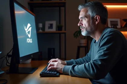 Homme en jeans regarde l'écran avec logo AORUS