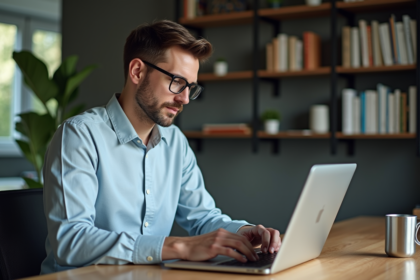 Homme concentré travaillant sur son ordinateur dans un bureau calme