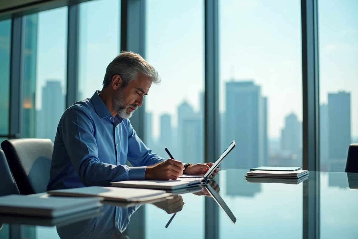 Homme en réunion prenant des notes avec un tableau et un ordinateur
