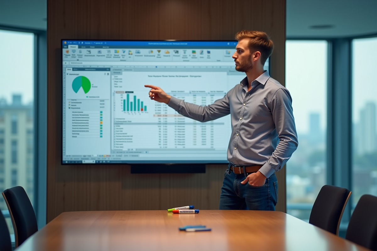 Jeune homme expliquant des données devant un écran d