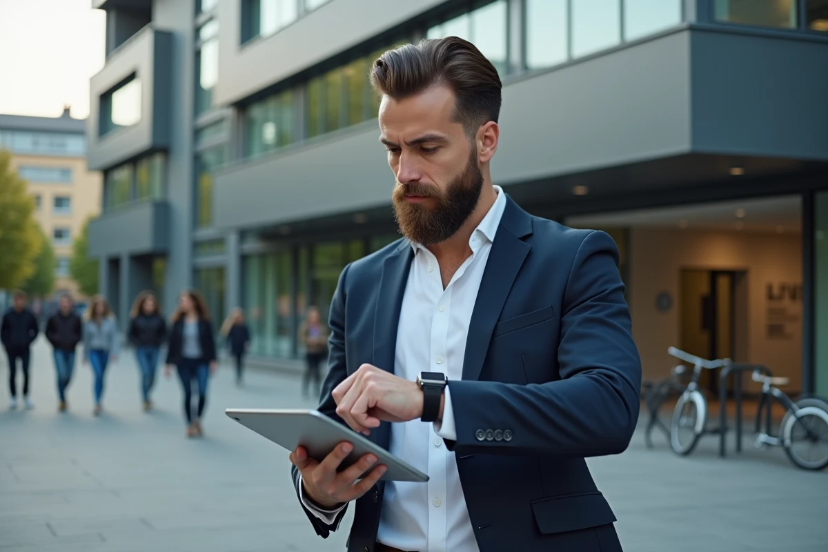 Homme avec tablette et montre dans un campus universitaire moderne