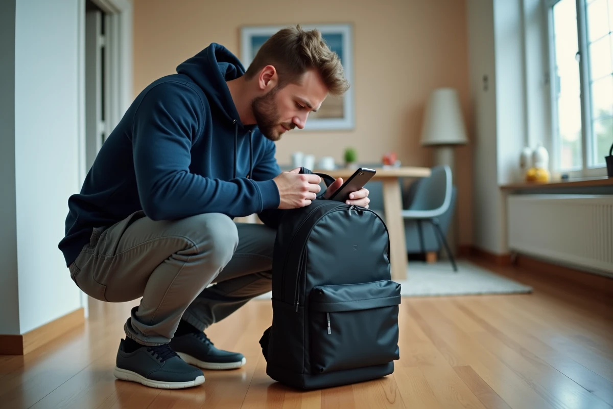 Homme inspectant son sac à dos avec un iPhone pour localiser un AirTag caché à l'intérieur