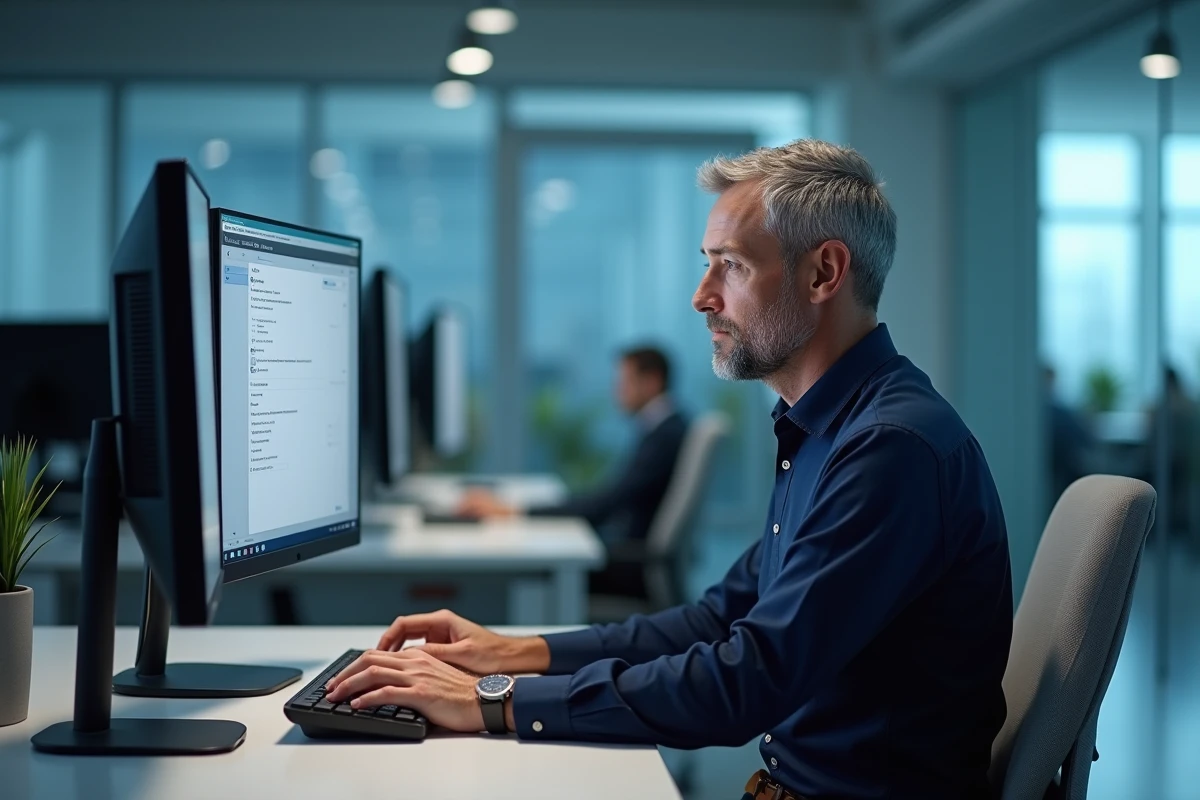 Homme configurant les paramètres de langue et disposition du clavier sur un ordinateur de bureau en open space