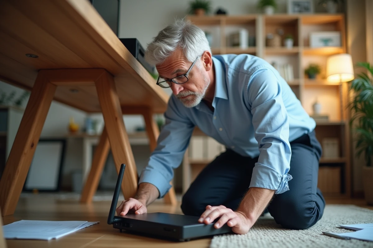 Homme vérifiant le routeur WiFi dans un bureau à domicile