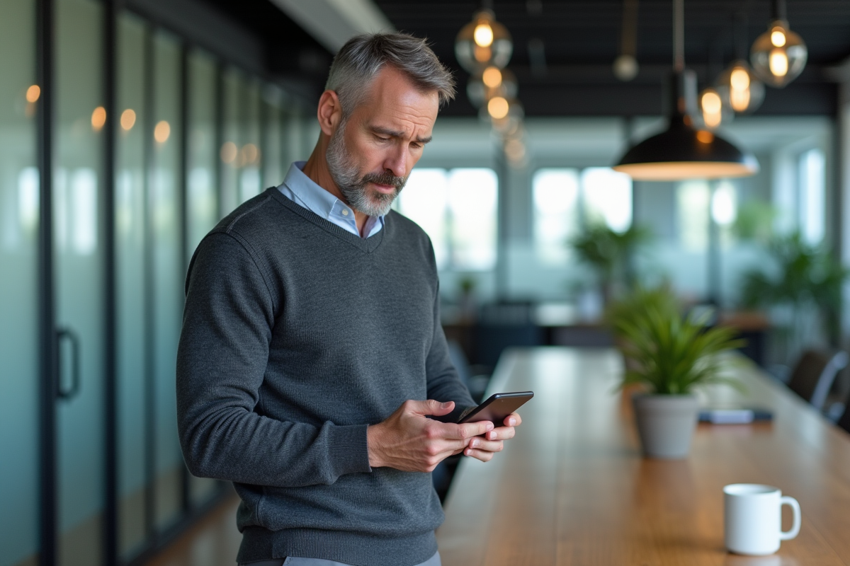 Homme en réunion vérifiant ses emails sur smartphone dans un bureau