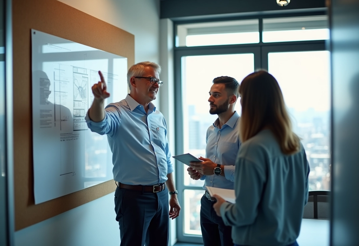 Homme en réunion expliquant un plan web à ses collègues